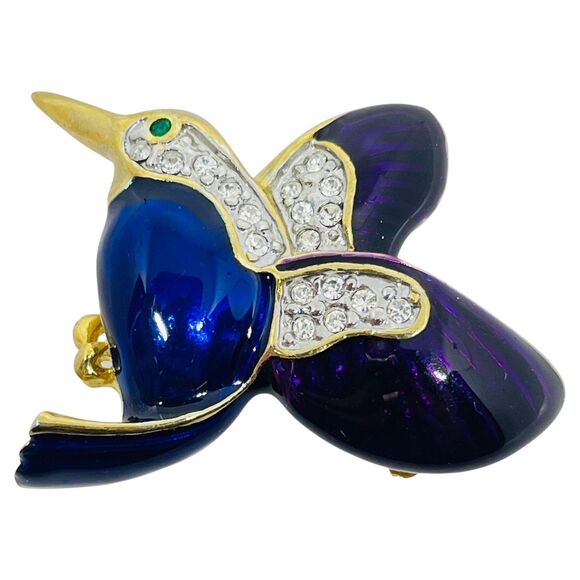 Estate Jewelry - Vintage gold tone enamel rhinestones bird animal figural designer brooch